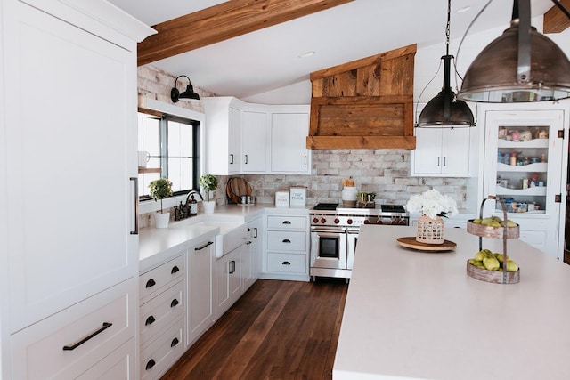 kitchen with tasteful backsplash, range hood, range with two ovens, and light countertops