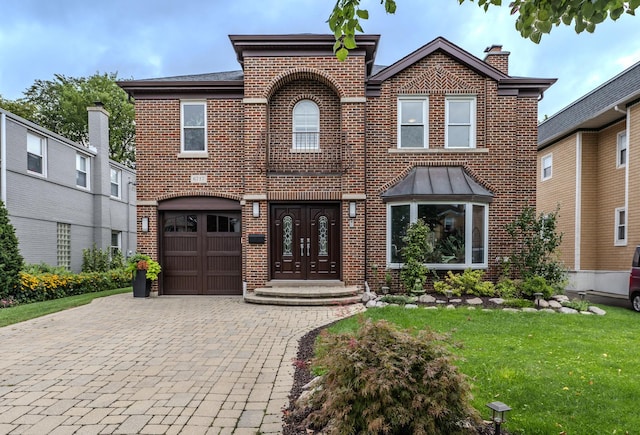 view of front of house with a garage, brick siding, decorative driveway, and a front lawn