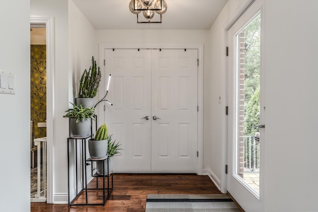 foyer entrance with baseboards and wood finished floors