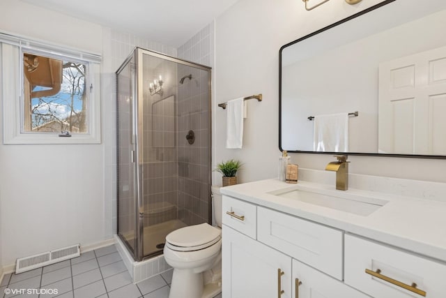 bathroom featuring a stall shower, visible vents, toilet, tile patterned flooring, and vanity