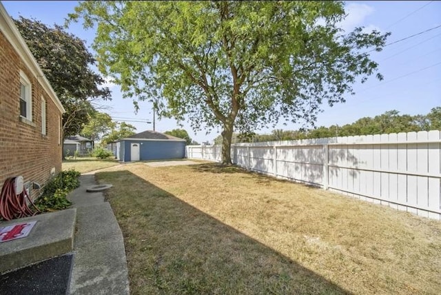 view of yard with an outbuilding and a fenced backyard
