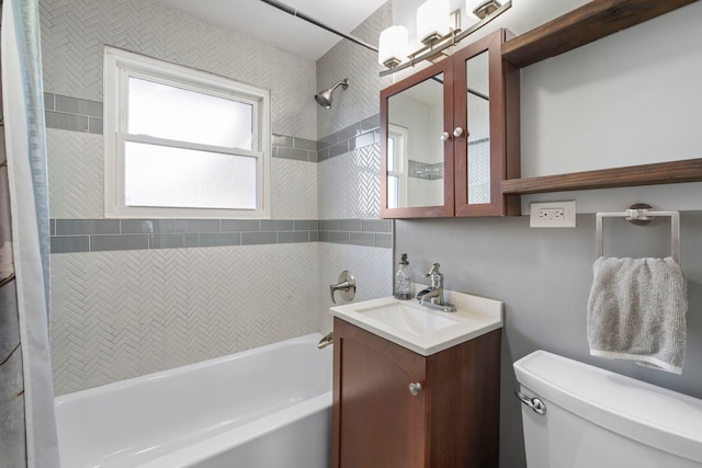 full bath with toilet, shower / bathtub combination with curtain, and vanity