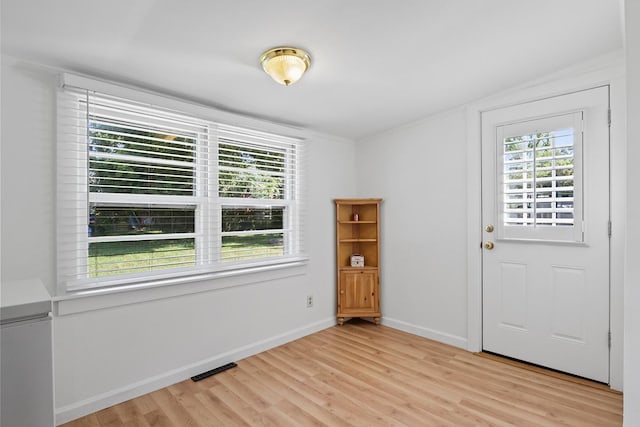 interior space with baseboards, visible vents, a wealth of natural light, and light wood-style floors