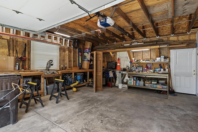 garage featuring a workshop area and a garage door opener