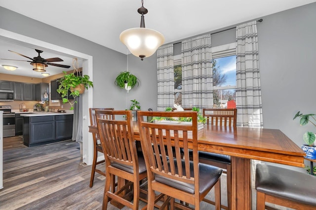 dining area featuring a ceiling fan and wood finished floors