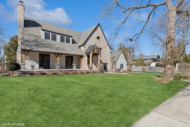 view of front of property with a shingled roof, fence, a chimney, and a front lawn