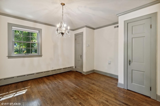 unfurnished dining area with baseboards, visible vents, a baseboard radiator, dark wood-style flooring, and crown molding