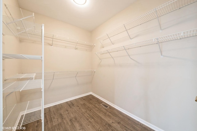 walk in closet with visible vents and wood finished floors