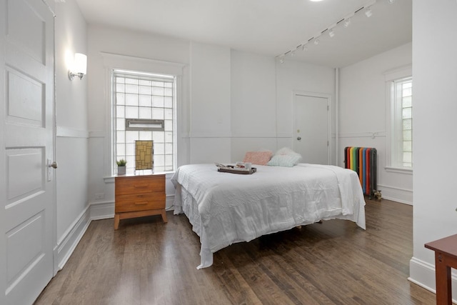 bedroom with baseboards, rail lighting, radiator heating unit, and wood finished floors