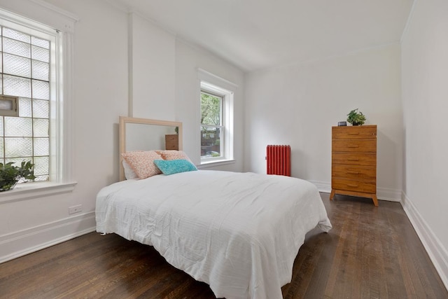 bedroom featuring radiator, baseboards, and dark wood-style flooring