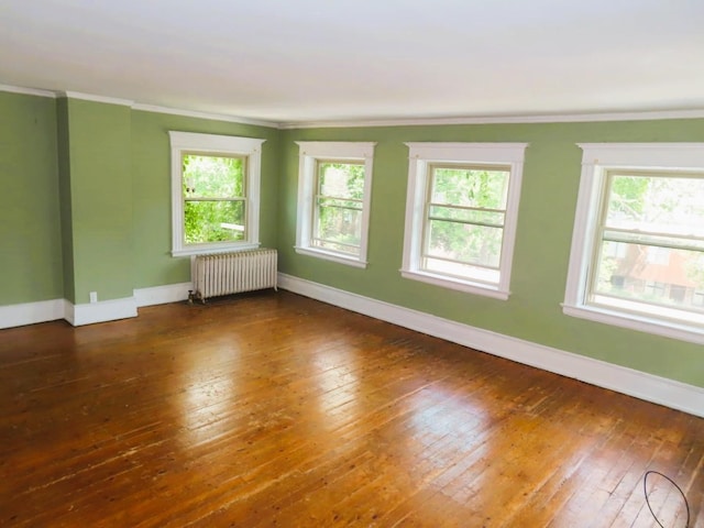 spare room featuring ornamental molding, radiator, a healthy amount of sunlight, and baseboards