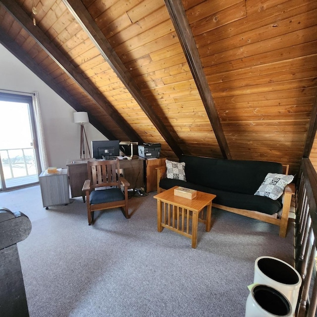 interior space with lofted ceiling with beams, wood ceiling, and carpet flooring