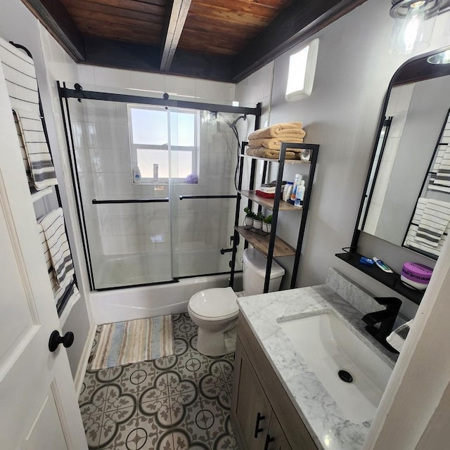 full bath featuring enclosed tub / shower combo, wooden ceiling, toilet, vanity, and beam ceiling