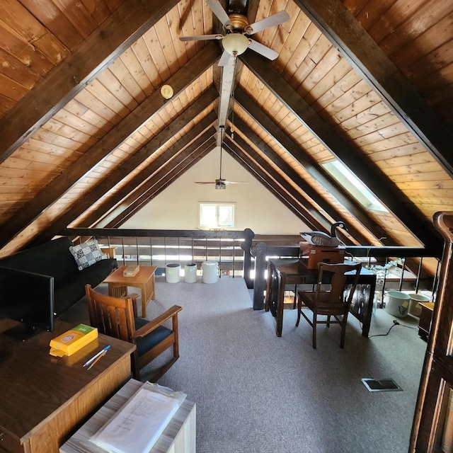 game room featuring visible vents, wooden ceiling, carpet flooring, and lofted ceiling with beams