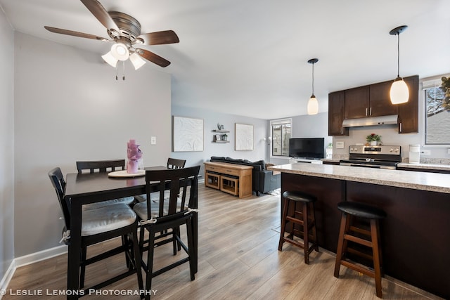 kitchen featuring electric range, a breakfast bar, dark brown cabinets, light wood-type flooring, and under cabinet range hood