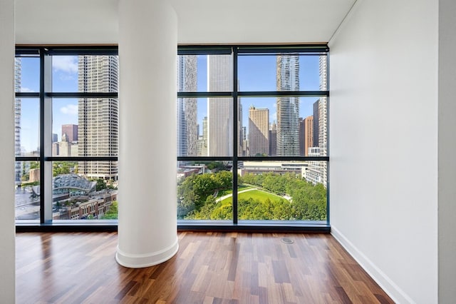 interior space featuring a healthy amount of sunlight, a view of city, baseboards, and wood finished floors