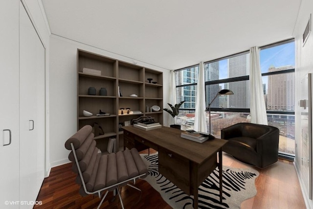 home office featuring floor to ceiling windows and wood finished floors