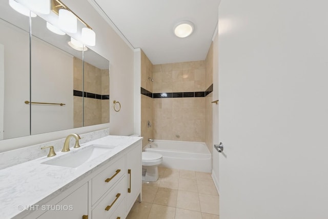 full bath featuring shower / washtub combination, tile patterned flooring, vanity, and toilet