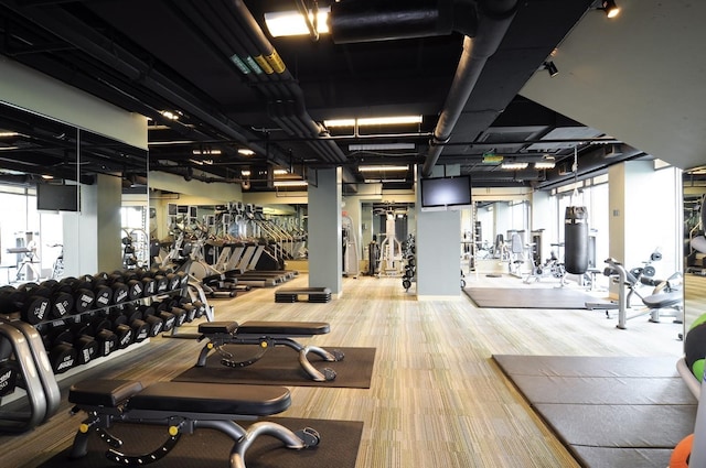 exercise room with wood finished floors