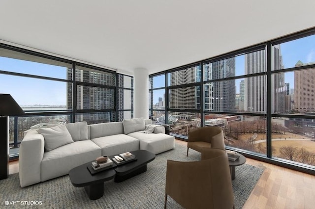 living area with a wall of windows, a city view, plenty of natural light, and wood finished floors