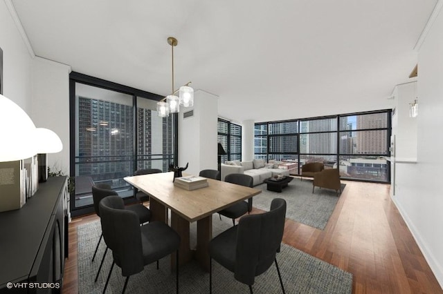 dining area with dark wood-type flooring, a chandelier, floor to ceiling windows, and baseboards