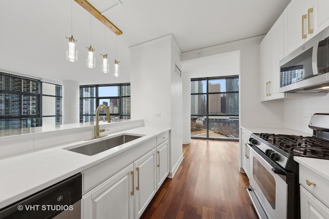 kitchen with stainless steel appliances, a sink, white cabinets, backsplash, and dark wood finished floors