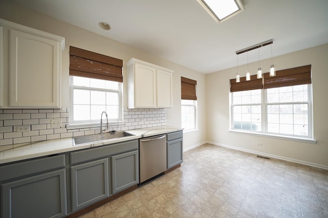 kitchen featuring tasteful backsplash, visible vents, dishwasher, gray cabinets, and a sink