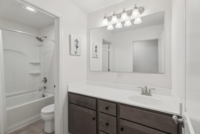 bathroom featuring tile patterned flooring, tub / shower combination, vanity, and toilet