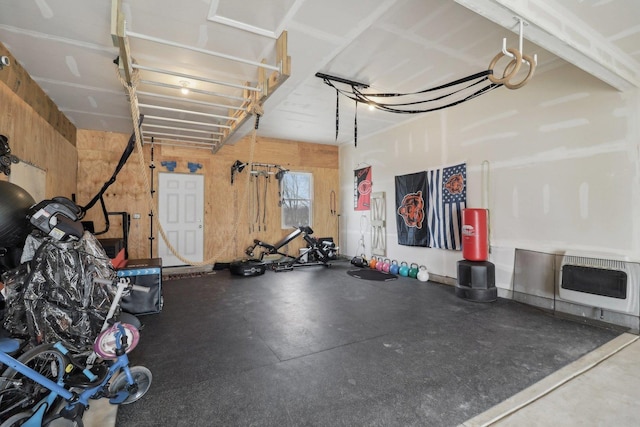 garage featuring heating unit