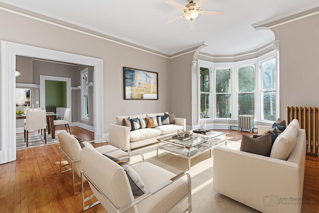 living room featuring radiator, wood-type flooring, baseboards, and crown molding