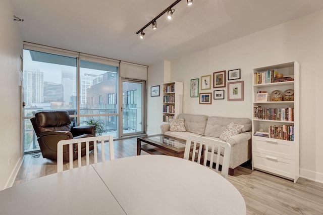 living room featuring light wood-style floors, expansive windows, rail lighting, and baseboards