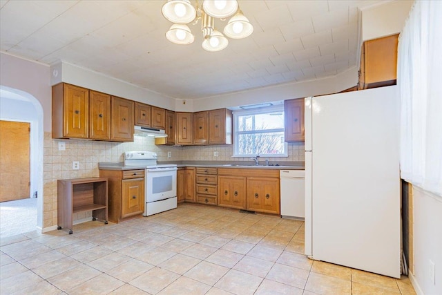 kitchen with tasteful backsplash, brown cabinetry, a sink, white appliances, and under cabinet range hood