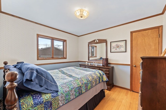 bedroom featuring light wood-type flooring, baseboards, ornamental molding, and wallpapered walls