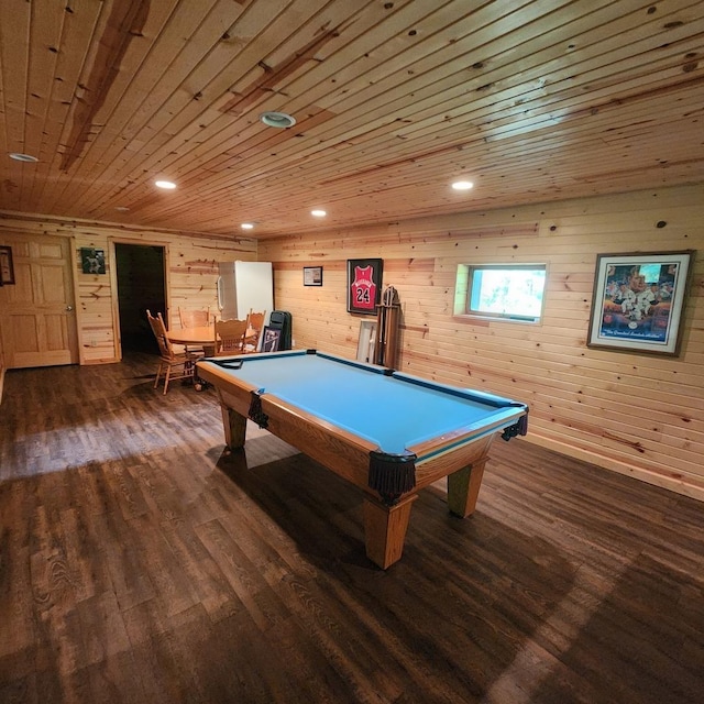 recreation room with pool table, wood finished floors, wood ceiling, and recessed lighting