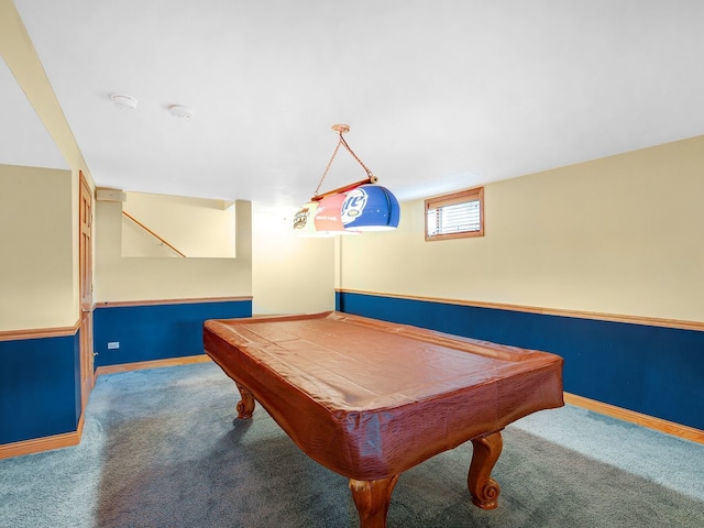 recreation room with billiards, carpet flooring, and baseboards