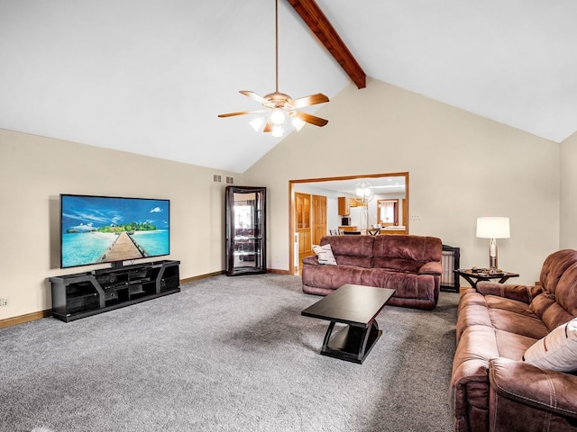 carpeted living room with baseboards, high vaulted ceiling, beam ceiling, and ceiling fan with notable chandelier