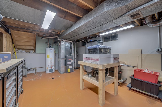 unfinished basement featuring water heater, visible vents, and heating unit