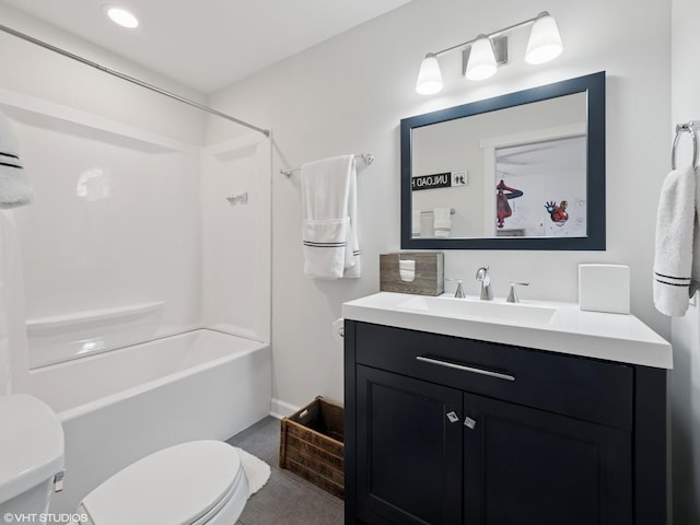 full bath featuring vanity, toilet, and shower / bathtub combination