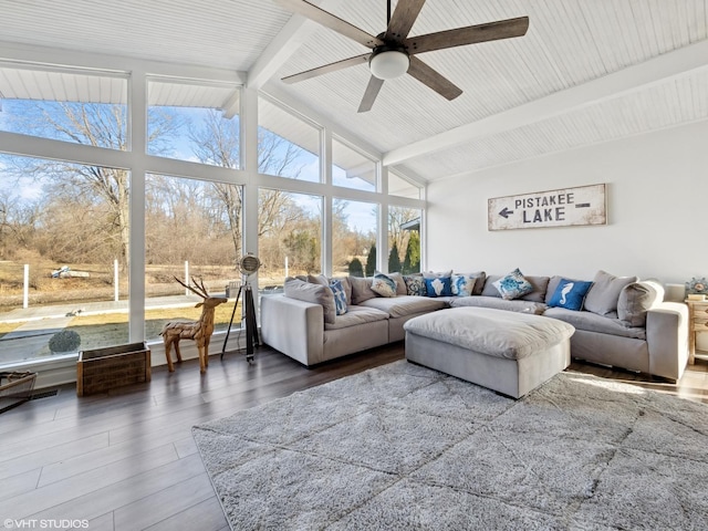 living area with beam ceiling, high vaulted ceiling, wood finished floors, floor to ceiling windows, and ceiling fan