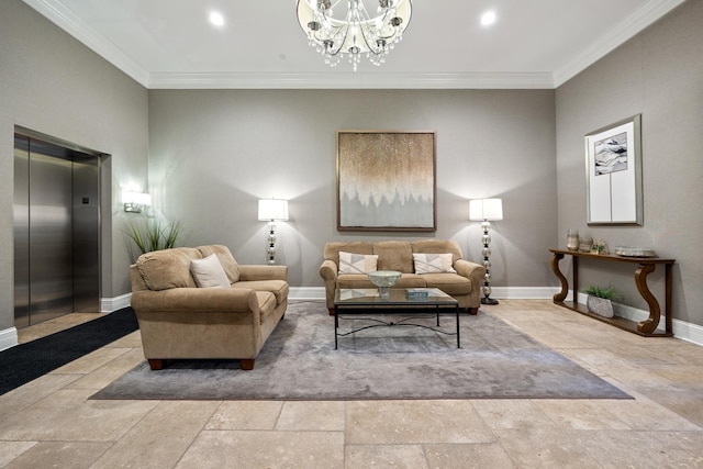 living area featuring baseboards, ornamental molding, a notable chandelier, and elevator