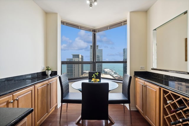 dining room with dark wood-style floors and a view of city