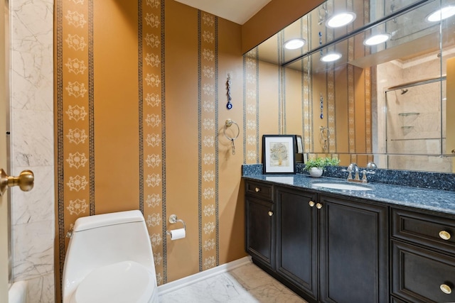 bathroom with toilet, vanity, baseboards, marble finish floor, and walk in shower