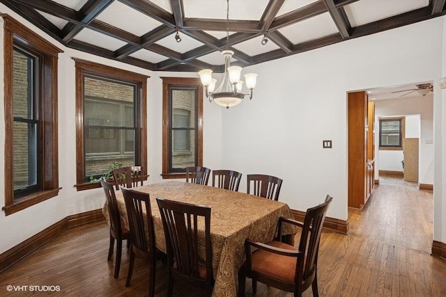 dining room with beam ceiling, a notable chandelier, dark wood-type flooring, coffered ceiling, and baseboards