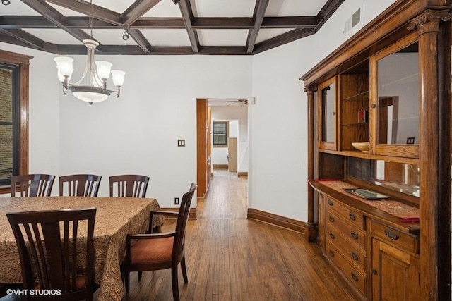 dining room with a notable chandelier, visible vents, dark wood-type flooring, coffered ceiling, and baseboards