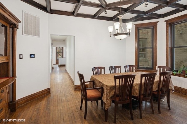 dining area with wood-type flooring, visible vents, coffered ceiling, and a chandelier