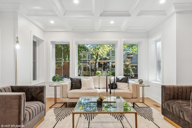 sunroom / solarium with beamed ceiling and coffered ceiling