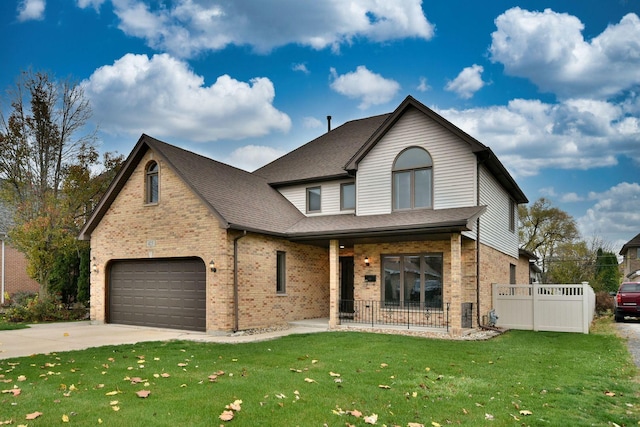 view of front of home with brick siding, a porch, concrete driveway, a front yard, and fence