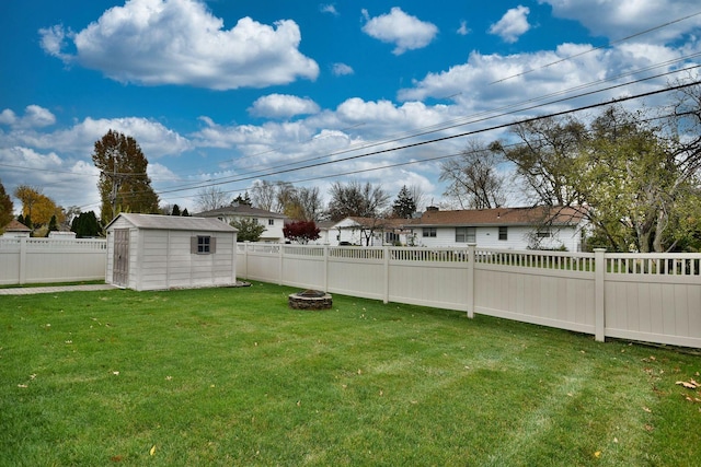 view of yard with an outdoor fire pit, a storage unit, a fenced backyard, and an outdoor structure