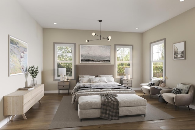 bedroom with a notable chandelier, dark wood-style flooring, recessed lighting, and baseboards