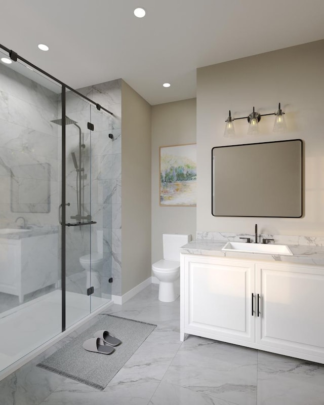 bathroom with toilet, recessed lighting, vanity, marble finish floor, and a marble finish shower